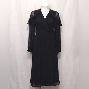 Polo Ralph Lauren Black Chiffon Romantic Long Sleeve Wrap Midi Dress 6 MSRP $398
